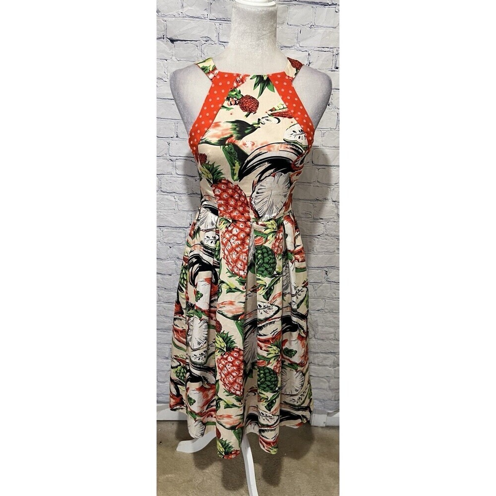 Eva Franco Mandy Dress Sz. 4 Pineapple Halter Cut Out Pleated Sleeveless Lined